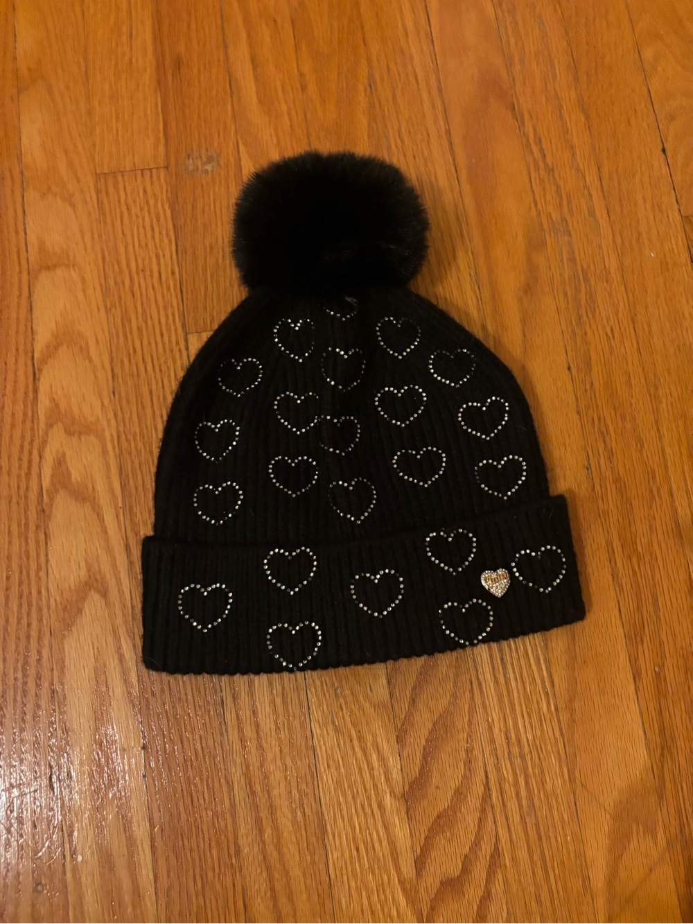 Juicy Couture Black Knit Pom Pom Beanie with Heart Studs